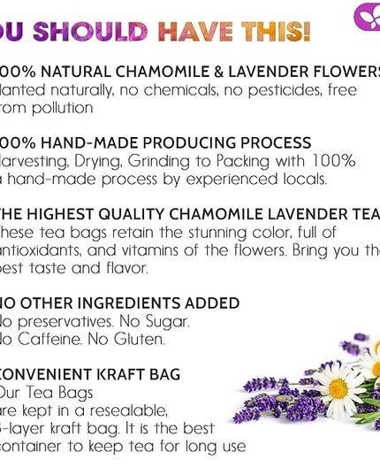 FreshDrinkUS, Premium 60 Chamomile Lavender Tea Bags, Calming Herbal Blend Strong Support for Relaxation & Better Sleep | Naturally Caffeine-Free Bedtime Tea with Soothing Floral Aroma, 100% Natural, Hand-made No Sugar/ Caffeine/ Gluten, Vegan