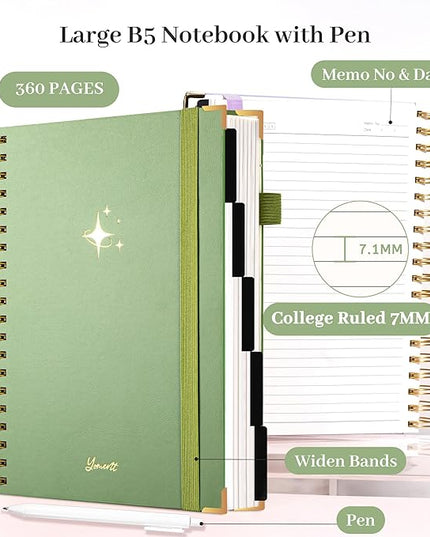 FLYING EAGLE Leather Spiral Notebooks for Work 5 Subject Notebook College Ruled with Dividers Pen, 360 Pages B5 Hardcover Lined Journals for Women Men Writing,Green