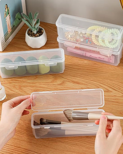 10 Pack Clear Plastic Pencil Case Boxes - Narrow Stackable Storage Organizers with Snap Lids for Pens, Markers, Makeup Brushes, Art Supplies, Beads, Jewelry, School Office Use, Rectangular Narrow
