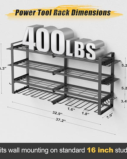 Power Tool Organizer Wall Mount, 4-Tier Tool Storage Rack with 8 Drill Holders, 400LBS Load Heavy Duty Cordless Tool Shelf for Garage Organization, Gift for Men