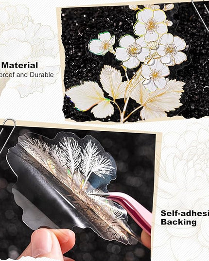AuriicLeaf Floral PET Stickers – 60 Foil-Stamped Self-Adhesive Flower Designs Waterproof Transparent Stickers for Scrapbooking Journaling DIY Crafts and Decoration