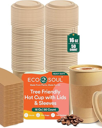 ECO SOUL 50 Pack 16 oz Disposable Coffee Cups with Lids & Sleeves Eco-Friendly, Biodegradable, Compostable, Leak-free & Sturdy To Go Hot Drink Cup for Tea, Chocolate Party Travel Cafe Office & Home