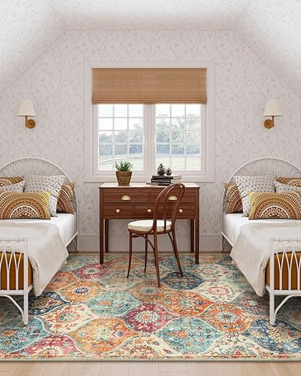 Lahome Moroccan 5x8 Area Rug, Ultra-Thin Washable Rugs for Living Room Bedroom, Soft Large Oriental Non-Slip Non Shedding Throw Large Carpet for Dining Room Office, Cream/Multi
