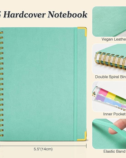 Blank Spiral Notebook: Leather Sketch Book, 300 Pages Hardcover Unlined Notebook for Women Men,100GSM Thick No Bleed Paper Journal, A5 Small Art Sketchbook for Drawing Writing Work, 5.5" x 8", Green