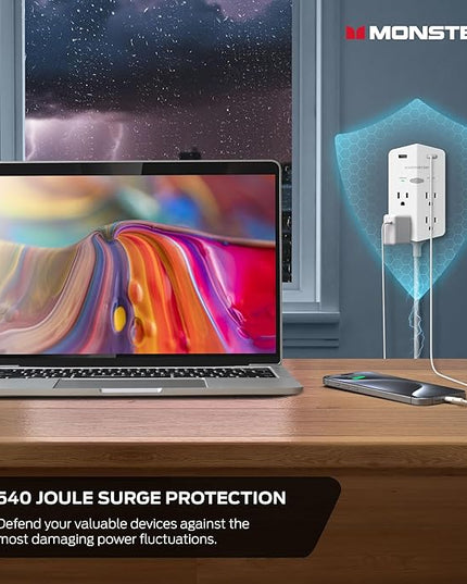 Monster Power Shield XL Surge Protector with Outlet Extender, Multiple Plug Outlet with 4 AC Outlets and 2 USB-A Ports, Reliable Wall Outlet with USB Ports