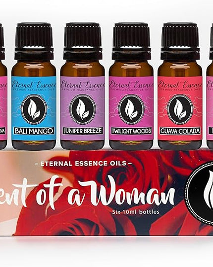 Eternal Essence Oils Scent of a Woman Set of 6 Premium Fragrance Oils - Includes Guava Colada, Twilight Woods, Bali Mango, Passion Fruit & Guava, Juniper Breeze, and Love Spell Scented Oils - 10ML