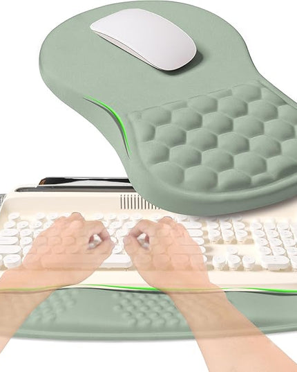 2-in-1 Ergonomic Set, Wave Rise Keyboard Wrist Rest and Massage Bulge Slope Mouse Pad Wrist Support, Cushion Memory Foam Integrated to Relieve Wrist Pain, Light Green