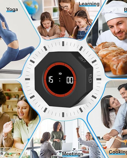 GuDoQi Digital Productivity Timer, Octagon Rotating Pomodoro Timers with Gravity-sensor, 1-3-5-15-30-60-90 Min Countdown, Portable Adjustable Sound Alert Multi Desk Timer or Study Task, Kitchen, Black
