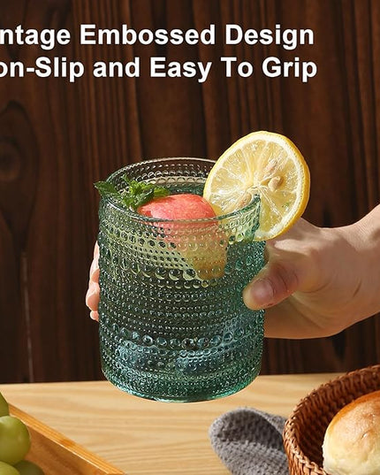 Vintage Glassware Drinking Glasses Set of 12,Light Blue 12oz & 15oz Hobnail Glass Cups,Embossed Water Tumbler,for Beer,Cocktail,Whiskey,Juice and Various Mixed Drinks- 1 Cleaning Brush