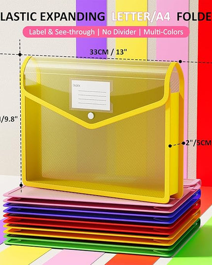 ThinkTex Plastic Expanding File Folder, Transparent Envelopes with Snap Closure,Suitable for Home, Office, School and Hospital, Large Capacity，No Dividers, Dopamine-5-Color, Fit Letter/A4 Size-5 Pcs