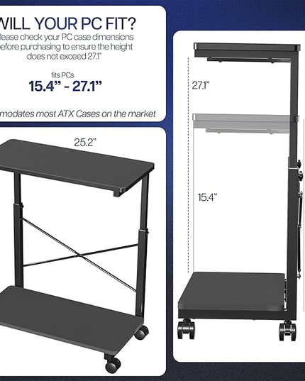VIVO Large Mobile Adjustable 2-Tier PC Stand, Premium Gaming CPU Computer Tower and Mouse Storage, Rolling Floor Cart, Locking Caster Wheels, Black, CART-PC03P