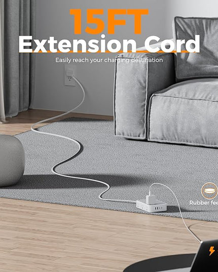 TESSAN 15 ft Extension Cord Surge Protector Power Strip, 12 Outlet Extender with 4 USB (2 USB C), 1800 Joules Protection, Flat Plug, Flat Extension Cord with Multiple Outlets, for Home, Office, Dorm