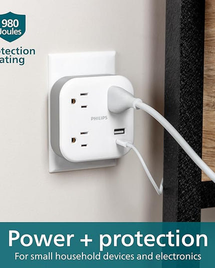 Philips EZFit 3-Outlet Surge Outlet Extender with USB, 1 USB-A, 1 Type-C, Adapter Spaced, Charging Station, 12W, 980 Joules, 2 Pack, White - SPP3605W/37