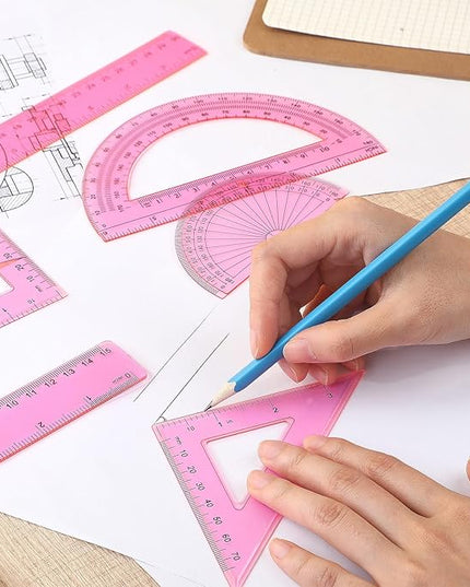 Tenare 1 Set Plastic Clear Math Set Includes Protractor Triangle Rulers 12 Inch 6 Inch Straight Geometry Math Transparent Ruler Measuring Tool for School Office Home Supplies(Pink)