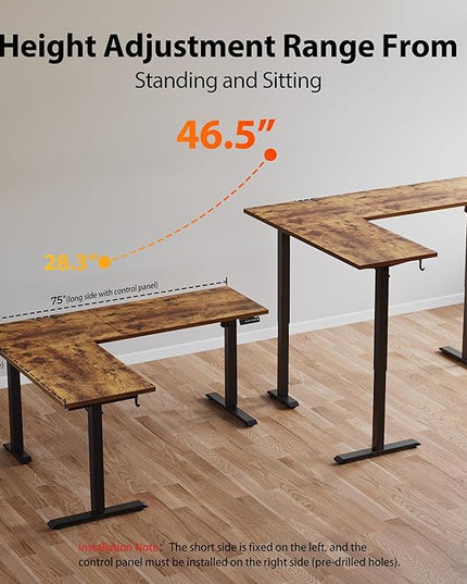 Agilestic L-Shaped Standing Desk Adjustable Height, Electric Corner Standing Desk, Sit Stand Up Desk, 75x61 inch Sit Stand Computer Table, Rustic Brown
