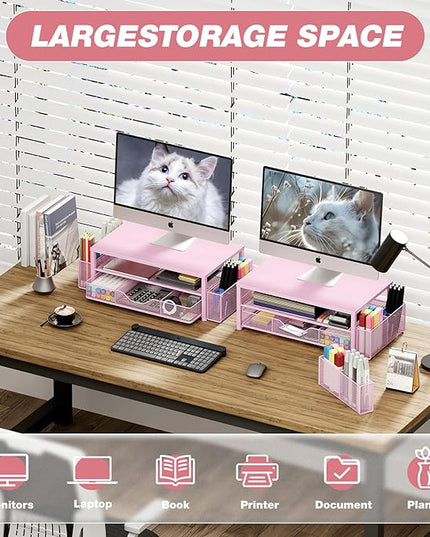 OPNICE Desk Organizers and Accessories, 2-Tier Computer Monitor Stand Riser with Drawer and 2 Pen Holders, Laptop Stand, Office Desk Accessories & Office Decor for Women, Pink