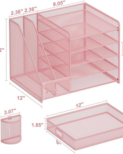 Marbrasse Desk Organizer with File Holder, 5-Tier Paper Letter Tray Organizer with Drawer and 2 Pen Holder, Mesh Desktop Organizer and Storage with Magazine Holder for Office Supplies(Pink)