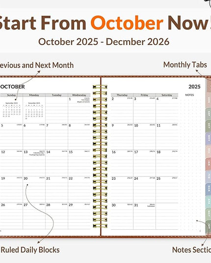 SUNEE 2026 Weekly & Monthly Planner 6.4"x8.5"- 12 Month (January 2026 - December 2026), Vegan Leather Cover, Pocket, Bookmark, Notes, Monthly Tab, Brown