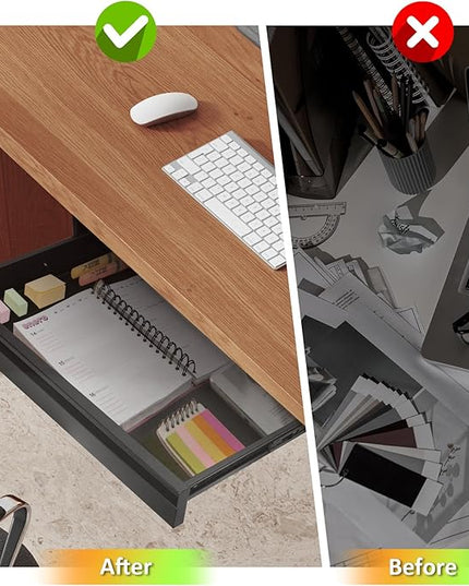 POPMOON Under Desk Drawer For Desk 13.8 * 8.8 * 3.5 in, Pull out Storage Organizer with Slide Extension Mounted Under Flat Wooden Table or Workbench, Carbon Steel Hidden Desk Drawer