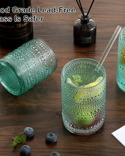 Vintage Glassware Drinking Glasses Set of 12,Light Blue 12oz & 15oz Hobnail Glass Cups,Embossed Water Tumbler,for Beer,Cocktail,Whiskey,Juice and Various Mixed Drinks- 1 Cleaning Brush