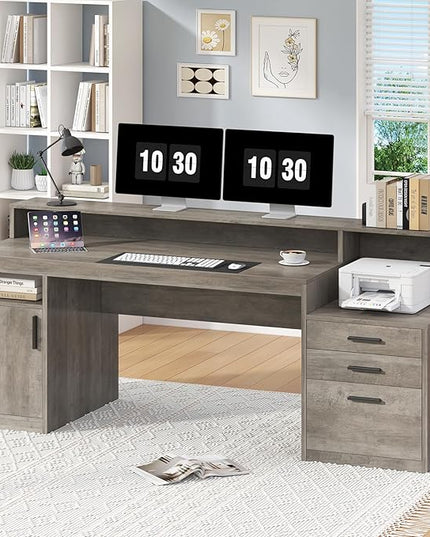Executive Computer Desk with 3 Drawers & Storage Shelves, 65 Inch Home Office Desk with File Drawer & Cabinet, Writing Study Desks with Monitor Stand & Printer Shelf, Executive Desk, Grey