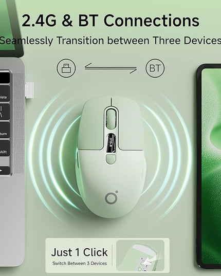 EWEADN Q1 Wireless Mouse, BT & 2.4G Silent Mouse Quiet Click with 1600 DPI Levels, Battery & DPI LED Screen Display, 6 Button Small Portable Bluetooth Mouse for Laptop/PC/Mac-Green