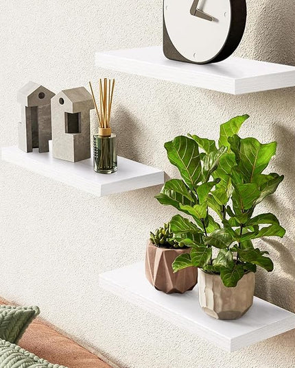 BAYKA White Floating Shelves for Wall – Rustic Wood Wall Shelves with Metal Brackets for Bathroom, Bedroom, Kitchen, or Living Room Decor Organization – Set of 3, Sturdy Storage with 22lb Capacity