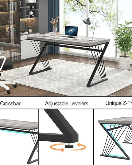 FOLUBAN Modern Desk, Rustic Wood and Metal Computer Desk for Home Office, Simple Study Writing Gaming Table for Bedroom Living Room, Light Grey, 53 Inch