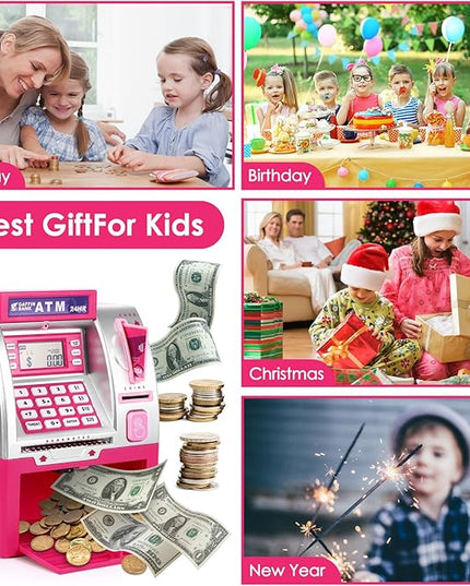 ATM Piggy Bank with Card and Password, Electronic Savings Bank Machine for Real Money, Mini ATM Coin and Cash Deposit Box with Target Setting, Clock and Sound – Pink Dollar Edition