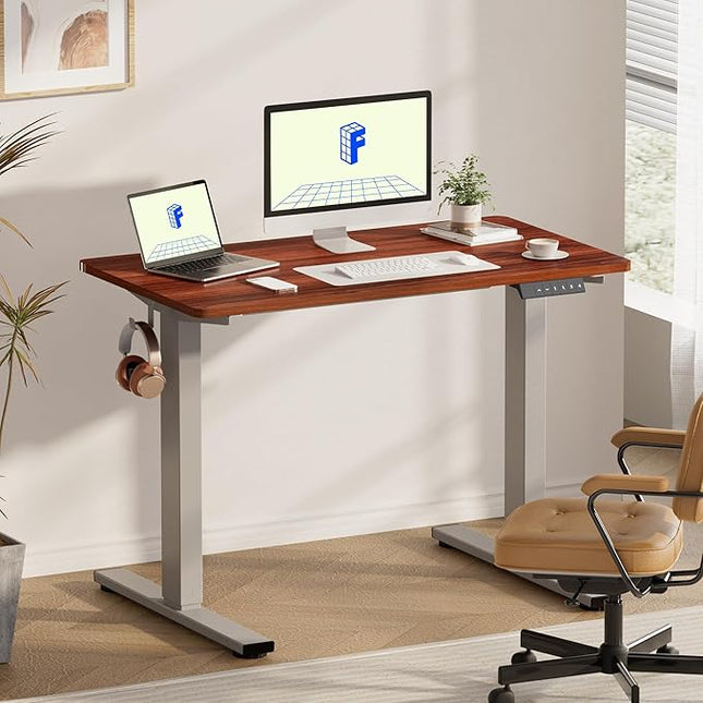 FLEXISPOT EN1 One-Piece Adjustable Stand Up Desk - 48 x 30 Inches Electric Standing Desk with Seamless Desktop (Silver Frame + Mahogany Top, 2 Packages)