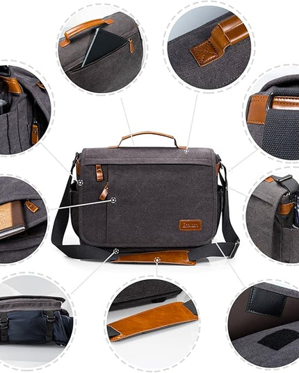 ESTARER 13-14 Inch Laptop Messenger Bag Water-Resistant Canvas Shoulder Bag for Business College, Grey