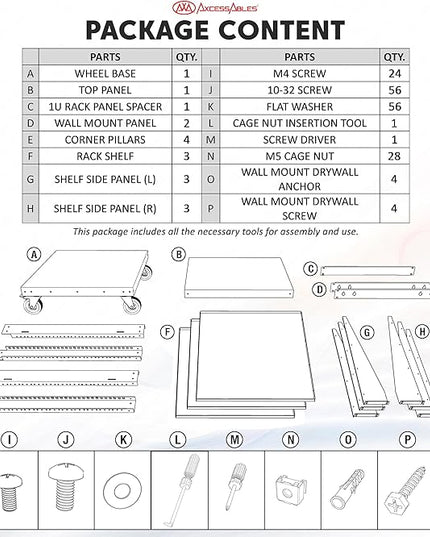 AxcessAbles 22U Open Frame Network & AV Rack with Caster Wheels, Three 2U Shelves, 10-32 & Cage Nut Compatible Rails, Cage Nuts, Screws, Cage Nut Tool & Wall Mount Kit | 19-Inch Equipment Rack