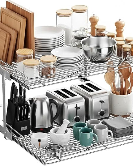 2-Tier Pull-Out Cabinet Organizer with Heavy-Duty Steel Frame, Full-Extension Sliding Shelves, Holds 100 lbs, Easy Install for Kitchen, Pantry & Under Sink Cabinets, 28" W x 21”D x 16.5" H