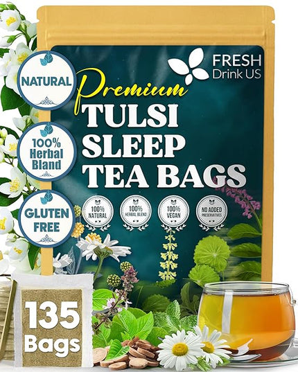 FreshDrinkUS, Tulsi Sleep Tea Bags | 135 Tea Bags | Herbal Blend with Tulsi Holy Basil, Chamomile, Gotu Kola, Ashwagandha & Peppermint | Naturally Caffeine-Free, Relaxing Evening Herbal Tea. Vegan