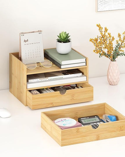 Bamboo Desk Organizer with Drawers Desktop Storage Drawers for Bills Office Supplies Kitchen Utensils Organizing Tool for Home Classroom Organization No Assembly (Nature 2 Drawer)