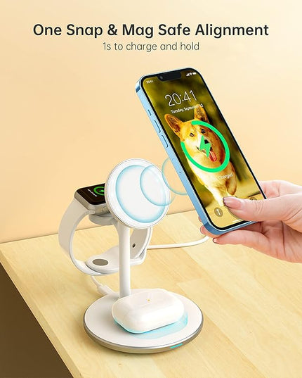XooFly 3 in 1 Wireless Charging Station for Apple Devices, 15W Fast Wireless Mag-Safe Charger Stand with 20W Adapter for iPhone 17 16 15 14 13 12 Pro Max/Air/Plus/Pro/Mini,iWatch,AirPods (White)