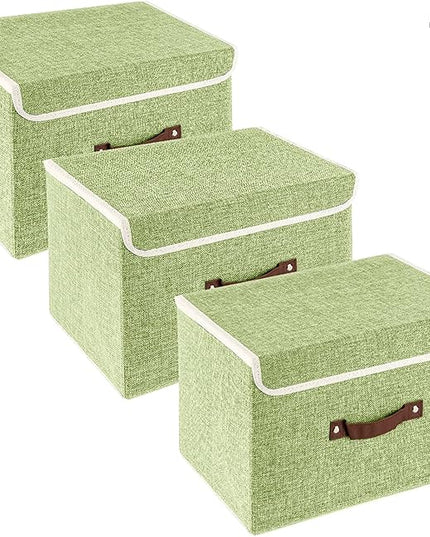 TYEERS Collapsible Storage Boxes, Washable Fabric Storage Bins with Lids, 14.9x9.8x9.8 inches, 3 Pack, Green