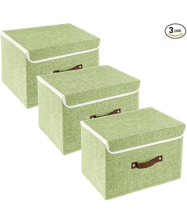TYEERS Collapsible Storage Boxes, Washable Fabric Storage Bins with Lids, 14.9x9.8x9.8 inches, 3 Pack, Green