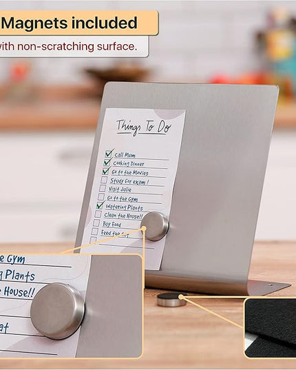 Magnetic Bulletin Board with Stand – Small Dry Erase Memo Board – Tabletop Metal Easel for Magnet Display – Mini Home Decor – 8x8 Inches + 2 Magnets