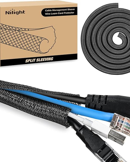 Nilight Cable Sleeve, 25ft-1/2inch Cord Management Sleeves, Braided Sleeving, Split Self Wrapping Wire Loom for Computer Electrical Automotive Harness Protector Organizer, Black