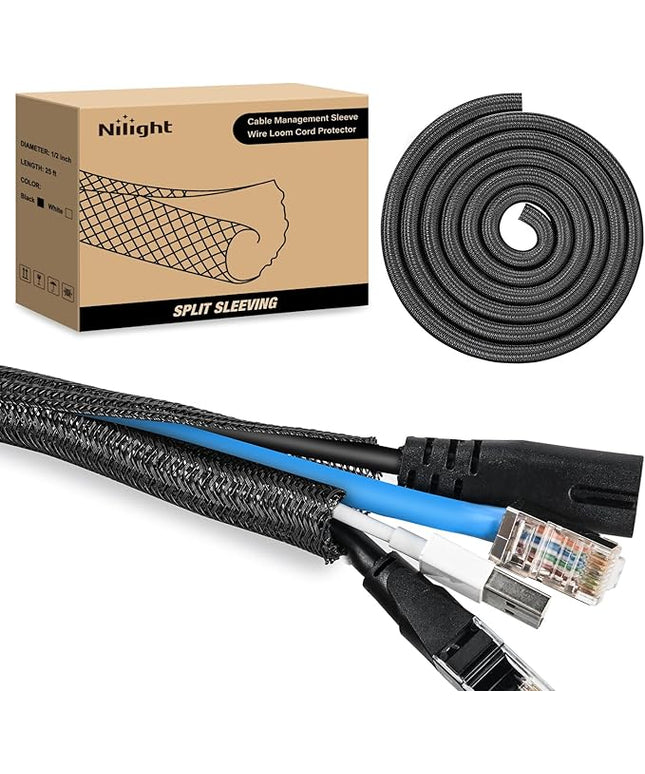 Nilight Cable Sleeve, 25ft-1/2inch Cord Management Sleeves, Braided Sleeving, Split Self Wrapping Wire Loom for Computer Electrical Automotive Harness Protector Organizer, Black