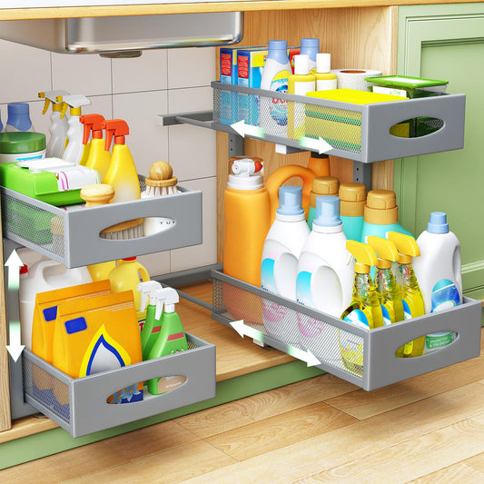 1 Pack Under Sink Organizer, 2 Tier Pull out Cabinet Organizer Mesh Baskets with 5 Adjustable Heights, Sliding Drawers Storage Shelf for Home, Kitchen, Bathroom, Pantry, Office, Countertop ,Grey