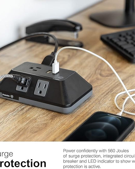GE UltraPro Adapt 5-Outlet Surge Protector with USB Ports, 2 USB-A Ports, 2.4A, 3ft Braided Cord Power Strip Surge Protector, 560 Joules, Black, 73777