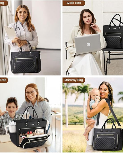 LOVEVOOK Teacher Tote Bag for Women Work, Laptop Bag Work Tote Bag Nurse Bags With Large Cup Holder, Professional Computer Briefcase Business Large Purses Handbag, Diaper Bag Mother Gift, Black