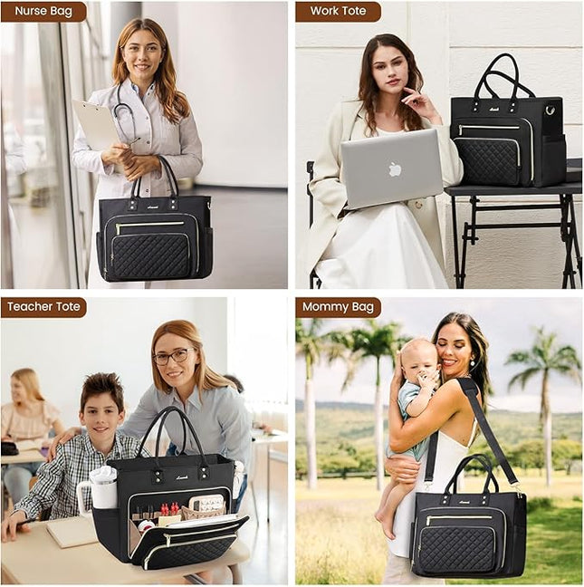 LOVEVOOK Laptop Tote Bag for Women, Work Bags Computer Laptop Bag, Teacher Tote Bag, Professional Briefcase Business Large Purses Handbag, Black, 17 Inch