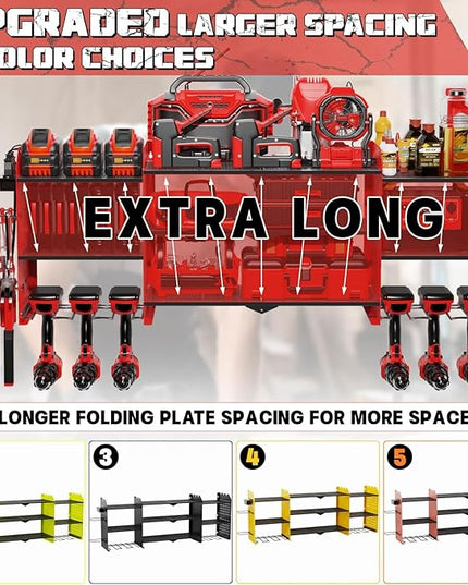45" Large Power Tool Organizer Wall Mount with Charging Station - 3 Layer Storage Racks with 8 Cordless Drill Holder, 4 Hooks, Heavy Duty Garage Tool Organizer Storage for Workshop Pegboard Basement