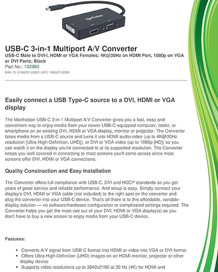 Manhattan USB-C 3-in-1 Multiport A/V Converter
