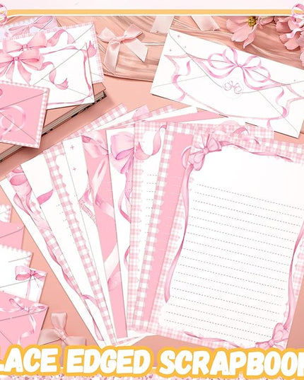 TaoBary 160 Pcs Stationery Paper Set 50 Double Sided Stationery Papers with 50 Matching Envelopes and 60 Round Dot Sticker, 10 Design(Pink Bow,8.5 x 11 Inch)