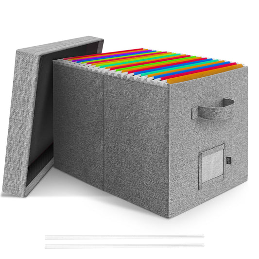 Onylin File Organizer Box with Lid, Linen Hanging File Storage Box with Handle, Collapsible Document Filling Box for Letter/Legal Folder, Portable File Box for Office/Decor/Home (1 Pack, Gery)