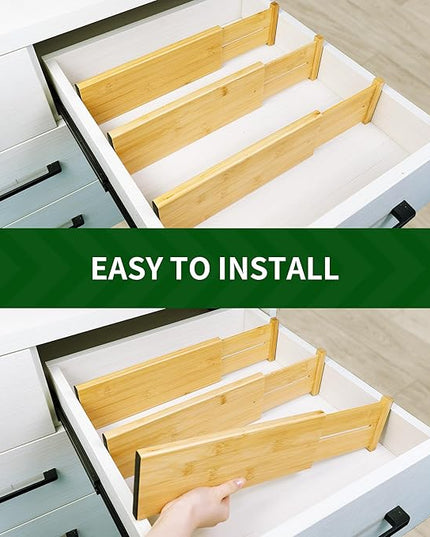 VaeFae 3 Pack Bamboo Drawer Dividers, 4" High Adjustable 16.6" - 21.8" Clothes Drawer Organizers, Expandable Separators for Bedroom/Bathroom/Kitchen/Office Storage